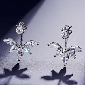 Elegant silver-toned water-drop cubic zirconia stud earrings with a floral fan design