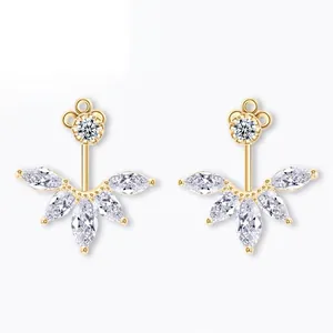 Elegant gold teardrop stud earrings with AAA cubic zirconia in a floral petal fan design