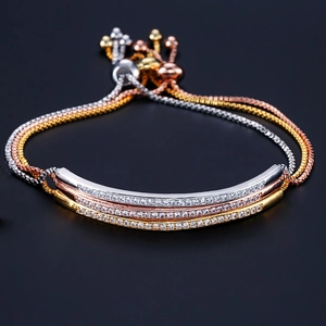 Three adjustable box chain bracelets in silver, rose gold, and gold with micro pave zircon