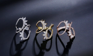 Three-color adjustable rings with marquise zircon leaves in silver, gold, and rose gold