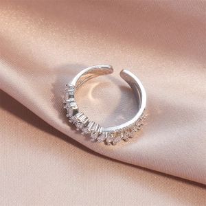 Exquisite silver adjustable double-layered ring with sparkling marquise zircon inlays