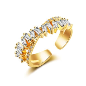 Adjustable gold double band open ring with baguette and round cut cubic zirconia stones