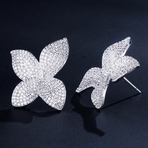 Luxury full pavé zircon butterfly stud earrings in silver finish for women