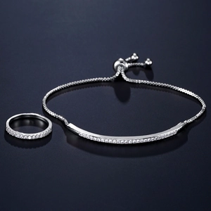 Elegant silver adjustable bracelet and ring set with sparkling AAA zircon inlay