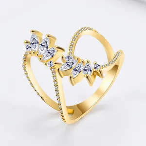 Adjustable double-layered 18K gold ring with marquise and round-cut cubic zirconia
