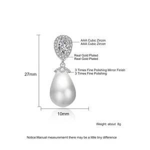 Teardrop pearl earrings with AAA zircon inlay and gold plating, 27mm height design