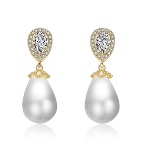 Elegant gold drop earrings with inlaid crystals and pear-shaped white pearls on white background