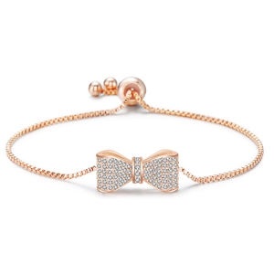Verstellbares roségoldenes Schleifenarmband mit Zirkonia-Besatz auf einer Box-Kette