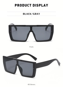 Front and 45-degree angle views of oversized black square sunglasses with gray lenses