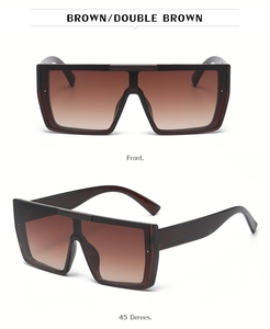 Front and 45-degree angle detail of square oversized sunglasses in double brown