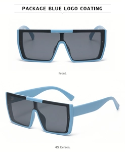 Front and 45-degree angle view of square oversized sunglasses with blue frame design