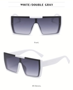 Front and side view of white square sunglasses with black accents and gray gradient lenses