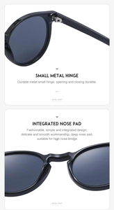 Detail of small metal hinge and integrated nose pad on black oval frame sunglasses