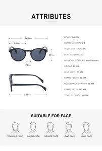 Detailed size specifications for vintage black square sunglasses with multi-angle diagrams