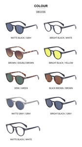 Detailed grid of DB1036 retro round sunglasses in various frame and lens colors