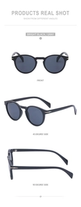Three-way view of retro small oval sunglasses in bright black with gray lenses