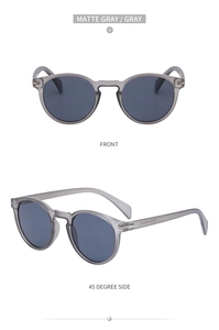 Detailed front and side views of matte gray retro round sunglasses with gray lenses