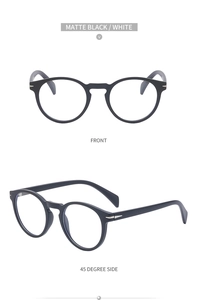 Front and side view of matte black retro round glasses with metal wing hinge details