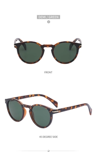 Detailed views of retro round tortoiseshell sunglasses with dark green lenses and gold accents