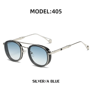 Retro oval metal sunglasses with silver double bridge frame and gradient blue lenses