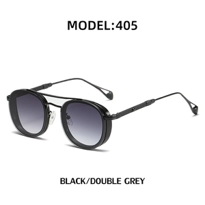 Retro punk style oval sunglasses model 405 with black frame and double grey lenses