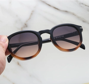 Macro detail of tortoiseshell gradient frames and brown polarized lenses on sunglasses