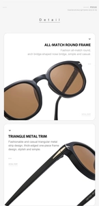 Detail view of round frame sunglasses showing golden triangle metal trim and bridge