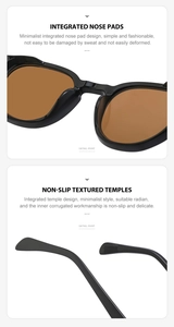 Detail of round polarized sunglasses featuring integrated nose pads and anti-slip temples