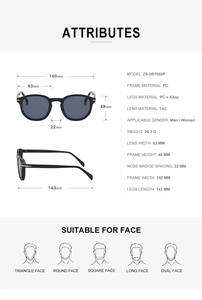 Detailed size chart of retro round polarized sunglasses with frame and lens measurements