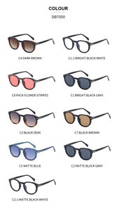 Collage of retro round polarized sunglasses in nine frame colors and lens tints