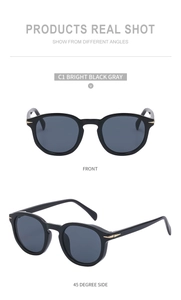Front and 45-degree side view of black round polarized sunglasses with gold metal trim