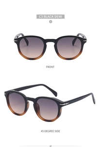 Front and 45-degree angle view of vintage round polarized sunglasses in black demi finish