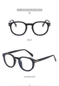 Front and side view of retro round black frame glasses with gold metal accents