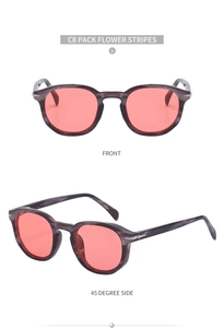 Front and side view of retro round polarized sunglasses with purple marble frame