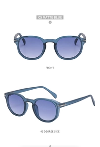 Front and 45 degree side view of matte blue round polarized sunglasses with arrow detail