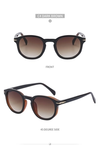 Front and 45-degree side views of dark brown retro round sunglasses with gold metal accents