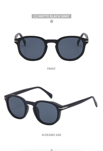 Detail of matte black round polarized sunglasses with silver arrow hinge accents