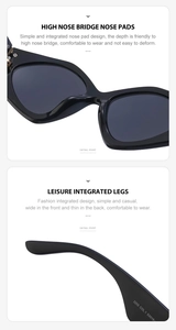 Detail view of large frame sunglasses with integrated nose pads and slim temples