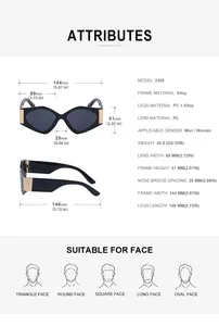 Detailed size chart and specifications for trendy oversized geometric alloy sunglasses
