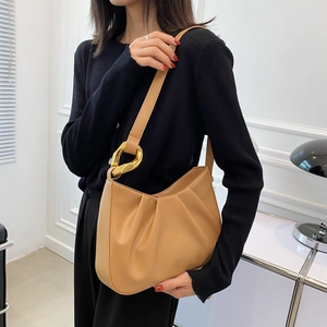 Khaki pleated cloud bucket shoulder bag for women with large gold ring buckle detail