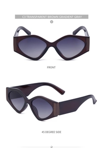 Detail of geometric cat-eye sunglasses with transparent brown frames and gradient lenses