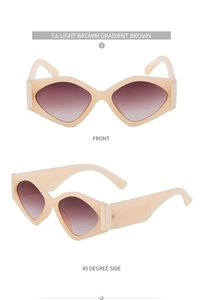 Detail view showing geometric diamond-cut light brown sunglasses and wide temples