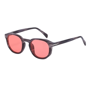 Retro round polarized sunglasses with grey marble frame and transparent pink lenses
