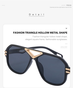 Detail of steampunk sunglasses featuring a black frame and gold triangular hollow metal piece
