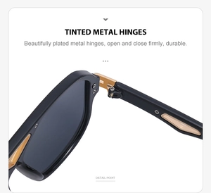 Detailed close-up showing gold-tinted metal hinges of steampunk sunglasses