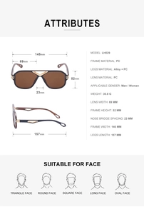 Detailed size chart of aviator sunglasses with frame dimensions and face shape guide