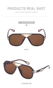 Front and 45-degree side views of black steampunk aviator sunglasses with gold bridge