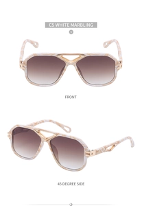 Front and side view of steampunk aviator sunglasses with white marble texture and gold metal