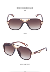 Steampunk oversized aviator sunglasses with brown gradient lenses and gold V metal accents
