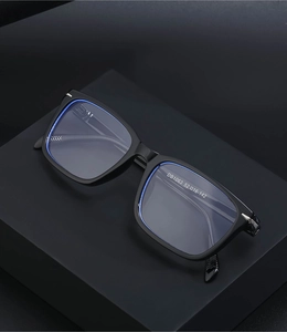 Detailed close-up of matte black square frames with DB1063 model specs and anti-blue lenses
